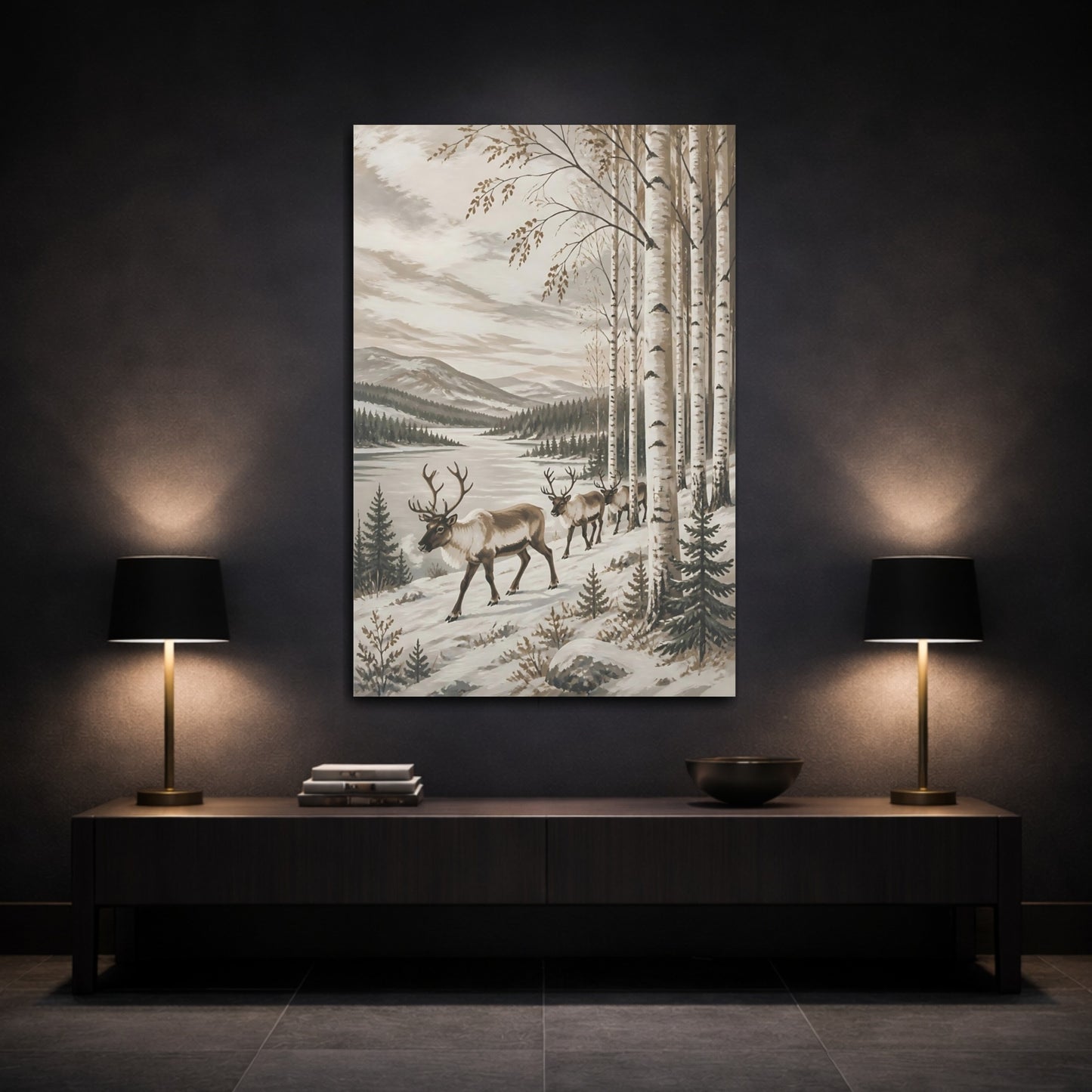 Mockup 3. Nordic Reindeer In Birch shown as canvas print