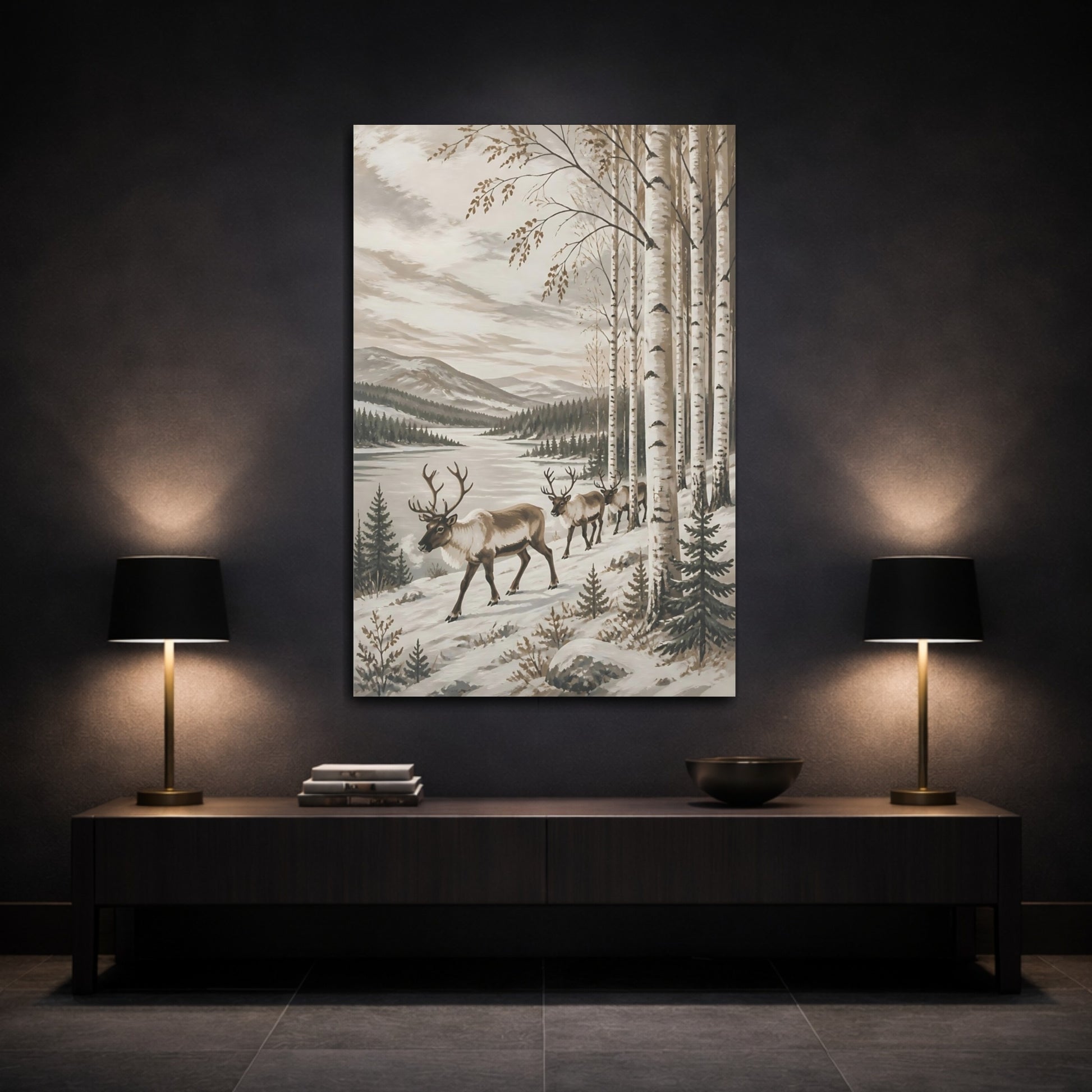 Mockup 3. Nordic Reindeer In Birch shown as canvas print
