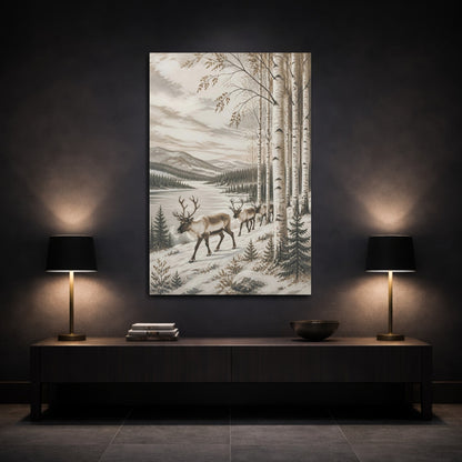Mockup 3. Nordic Reindeer In Birch shown as canvas print