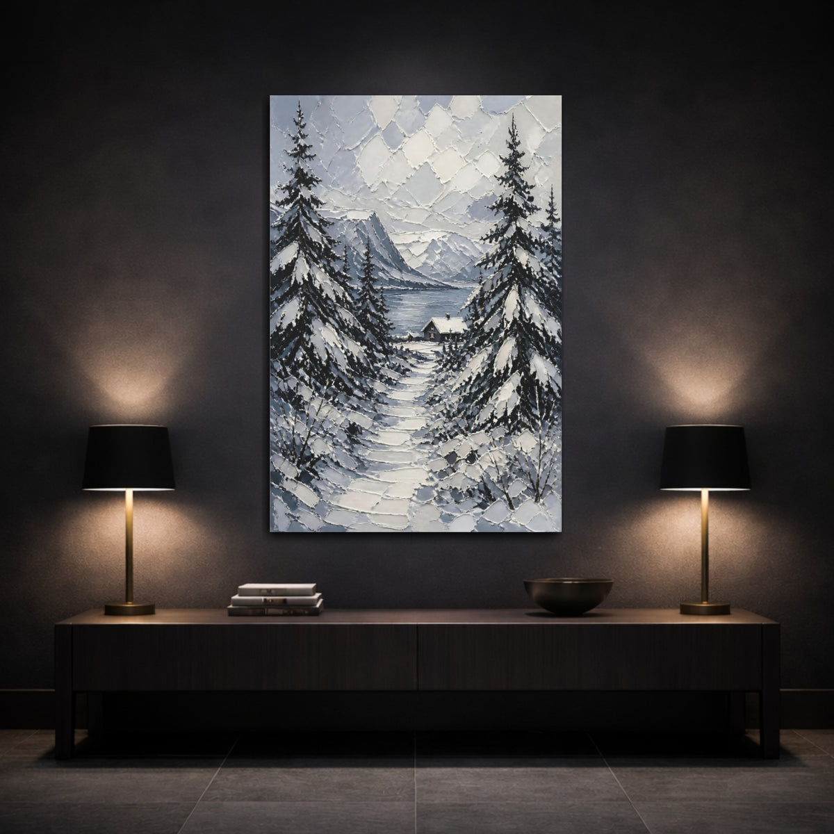 Mockup 3. Nordic Snowy Path shown as canvas print