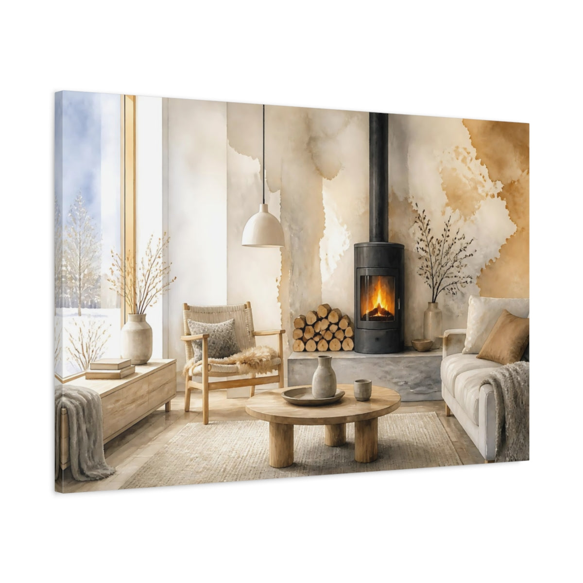 Main Mockup. Nordic Wood Stove Nook shown as canvas print