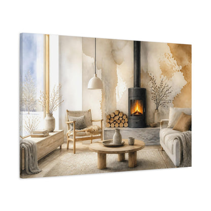 Main Mockup. Nordic Wood Stove Nook shown as canvas print
