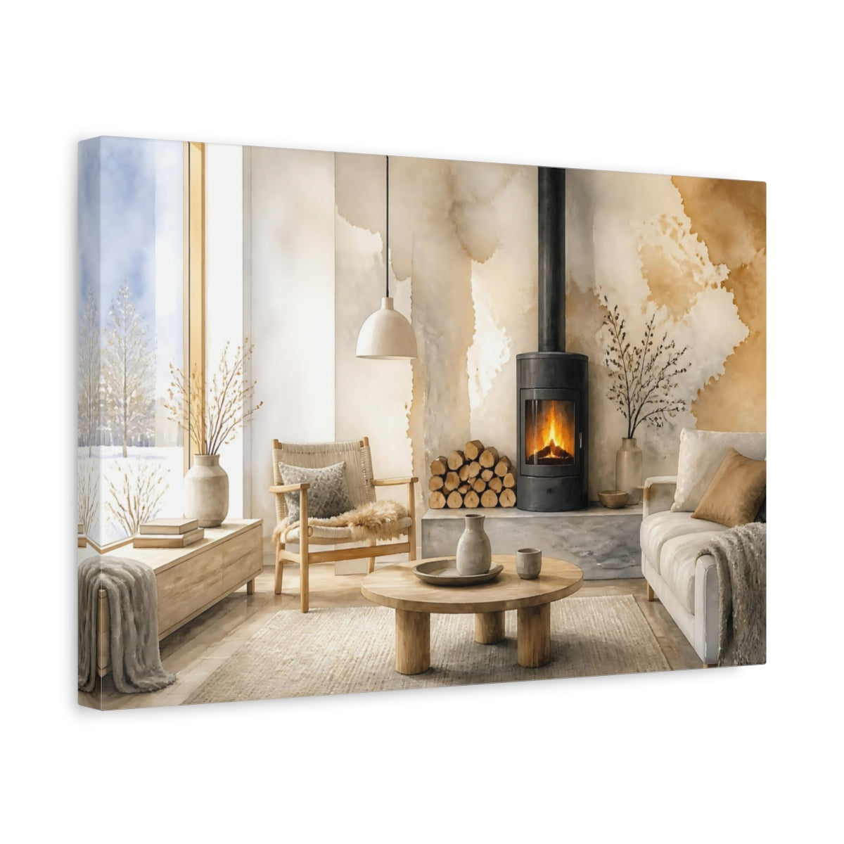 Side Mockup 4. Nordic Wood Stove Nook shown as canvas print