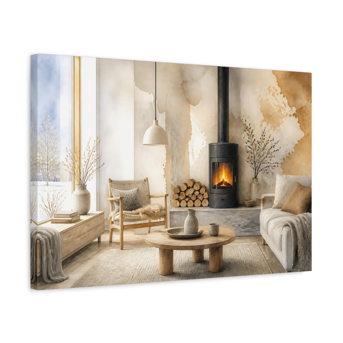 Side Mockup 3. Nordic Wood Stove Nook shown as canvas print