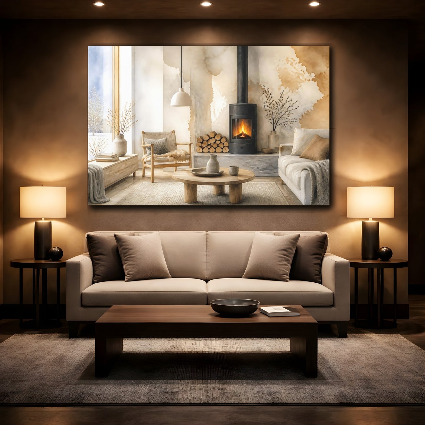 Mockup 2. Nordic Wood Stove Nook shown as canvas print
