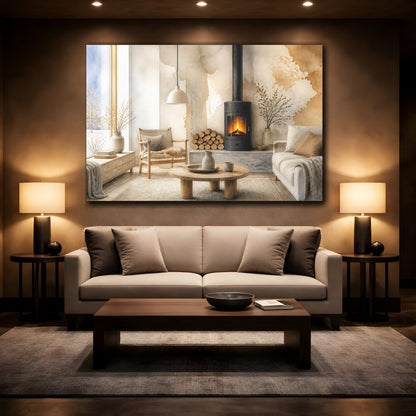 Mockup 2. Nordic Wood Stove Nook shown as canvas print