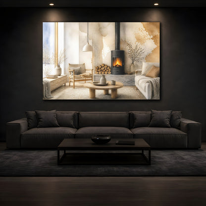 Mockup 3. Nordic Wood Stove Nook shown as canvas print