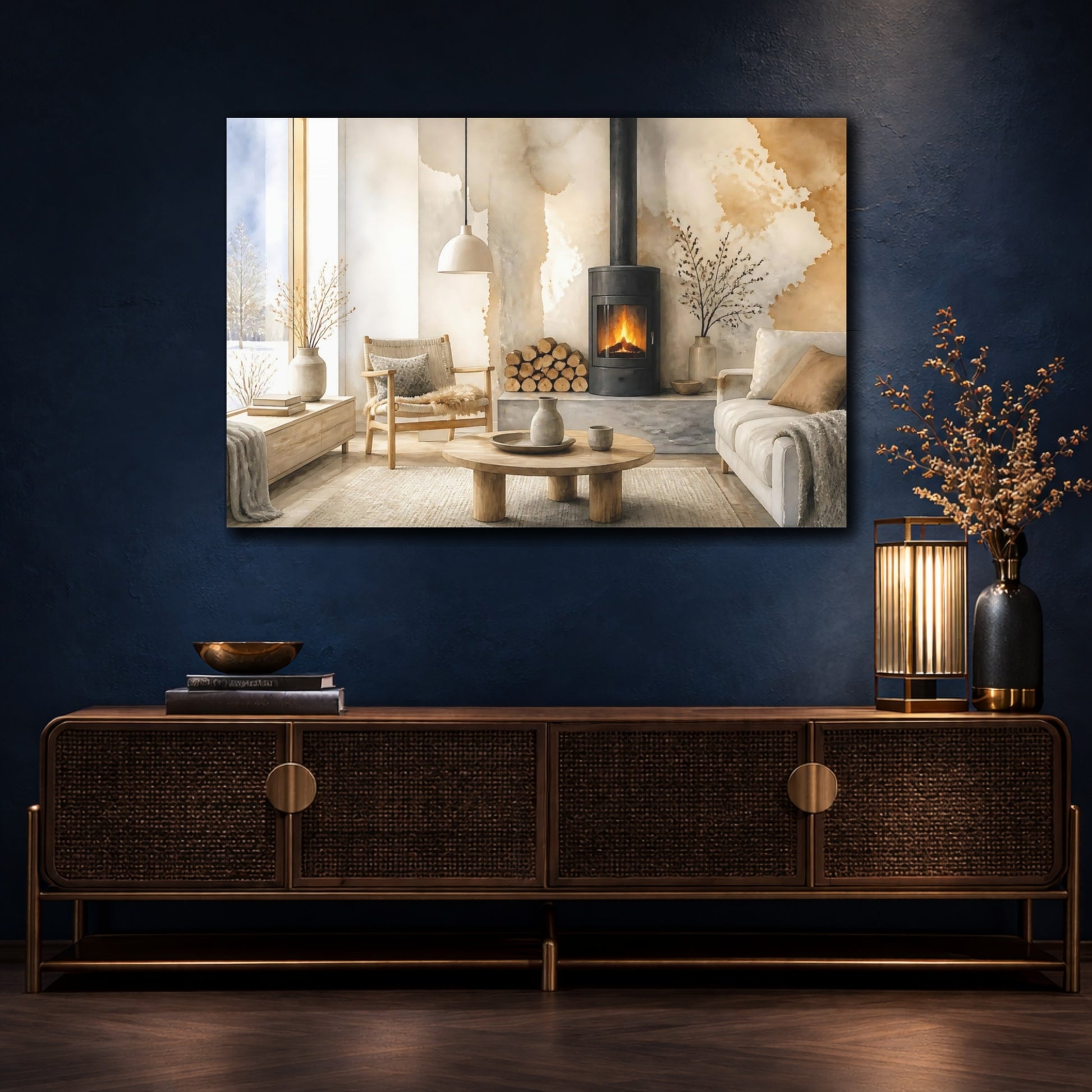Mockup 4. Nordic Wood Stove Nook shown as canvas print