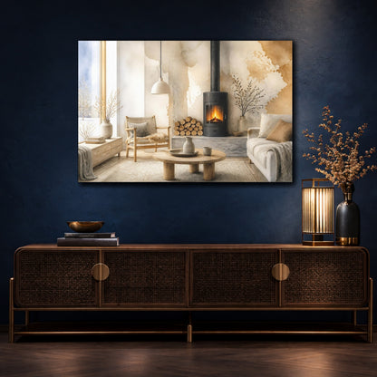 Mockup 4. Nordic Wood Stove Nook shown as canvas print
