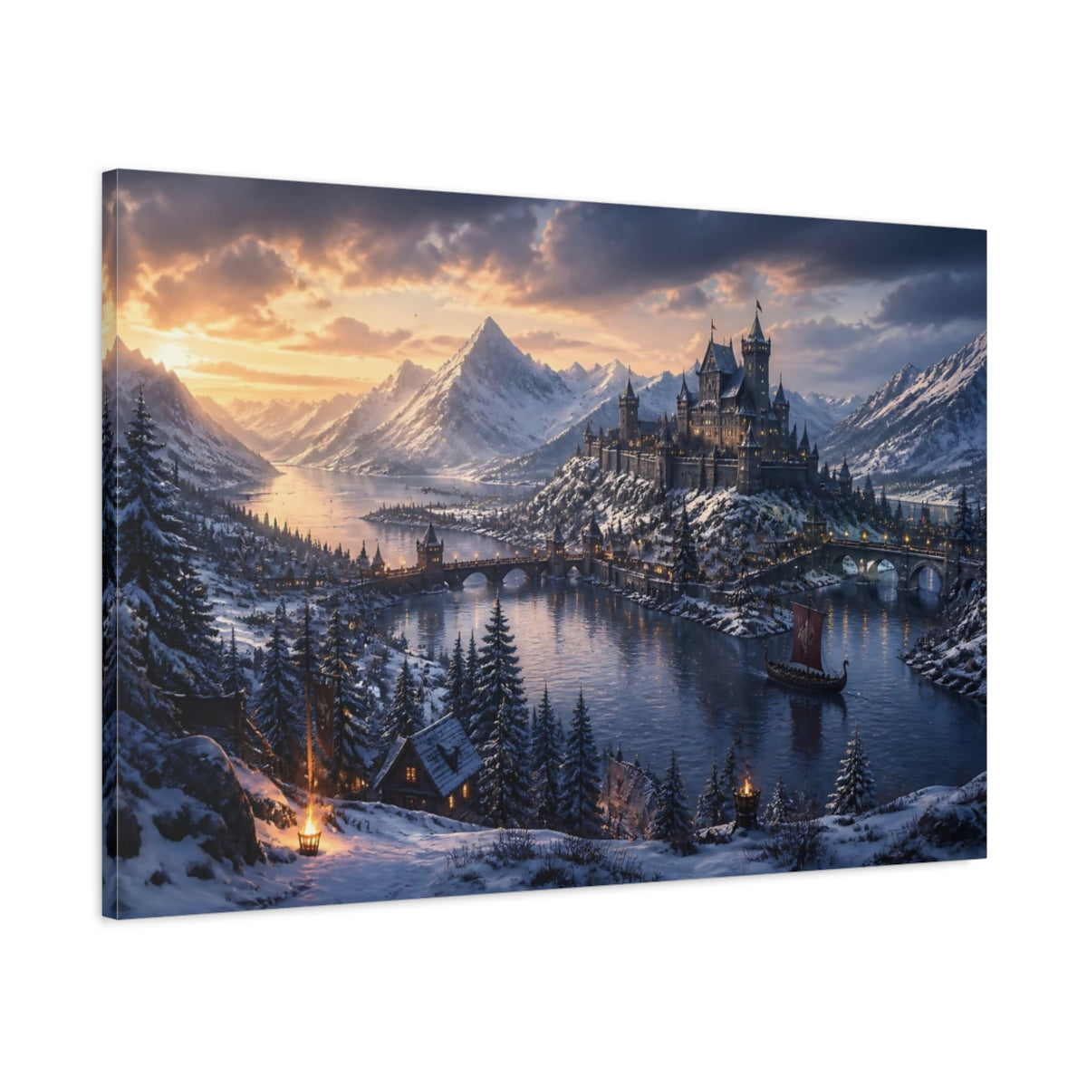 Main Mockup. Northern Castle At Dusk shown as canvas print