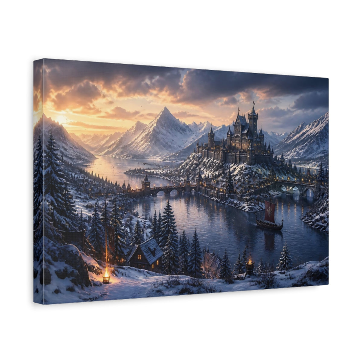Side Mockup 4. Northern Castle At Dusk shown as canvas print