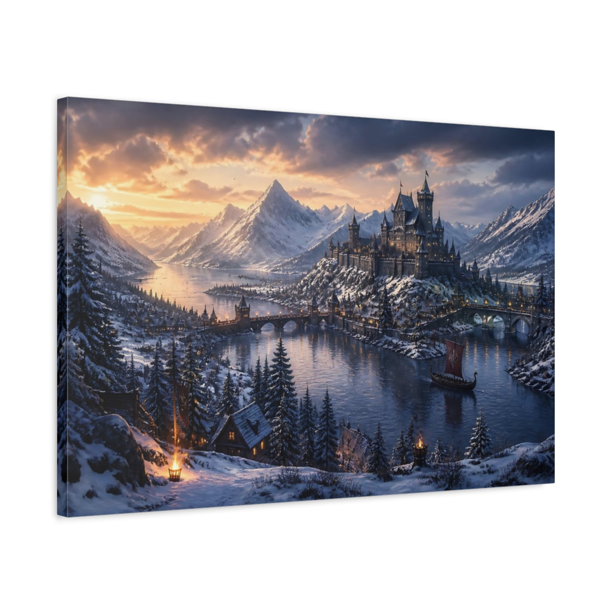 Side Mockup 2. Northern Castle At Dusk shown as canvas print