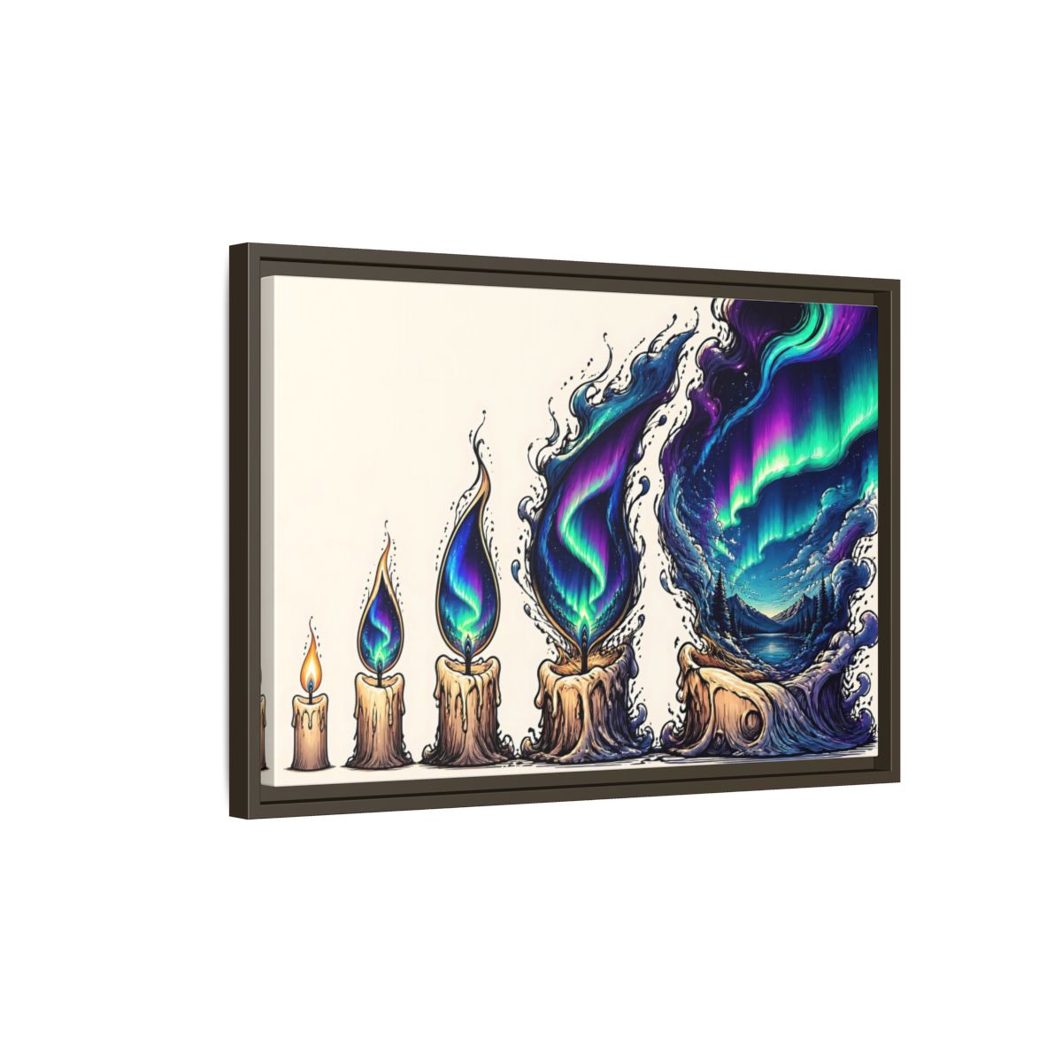 Side Mockup 2. Northern Lights Candles shown as framed canvas print