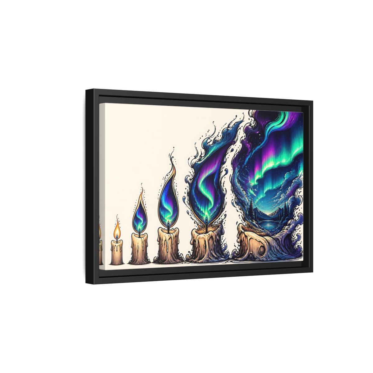 Side Mockup 6. Northern Lights Candles shown as framed canvas print