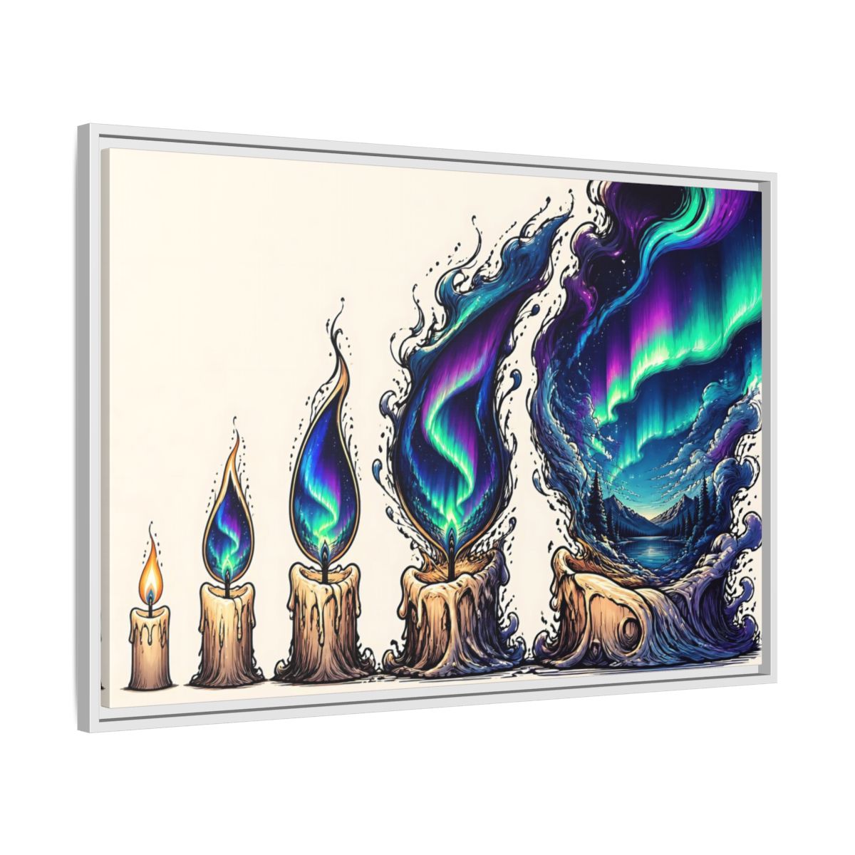Side Mockup 9. Northern Lights Candles shown as framed canvas print