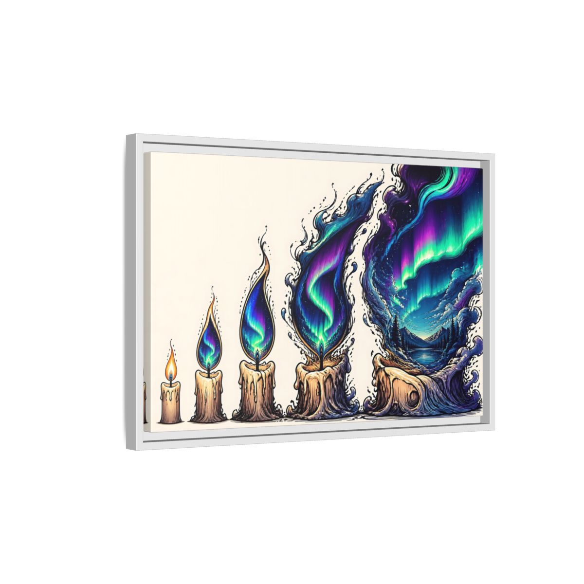 Side Mockup 1. Northern Lights Candles shown as framed canvas print