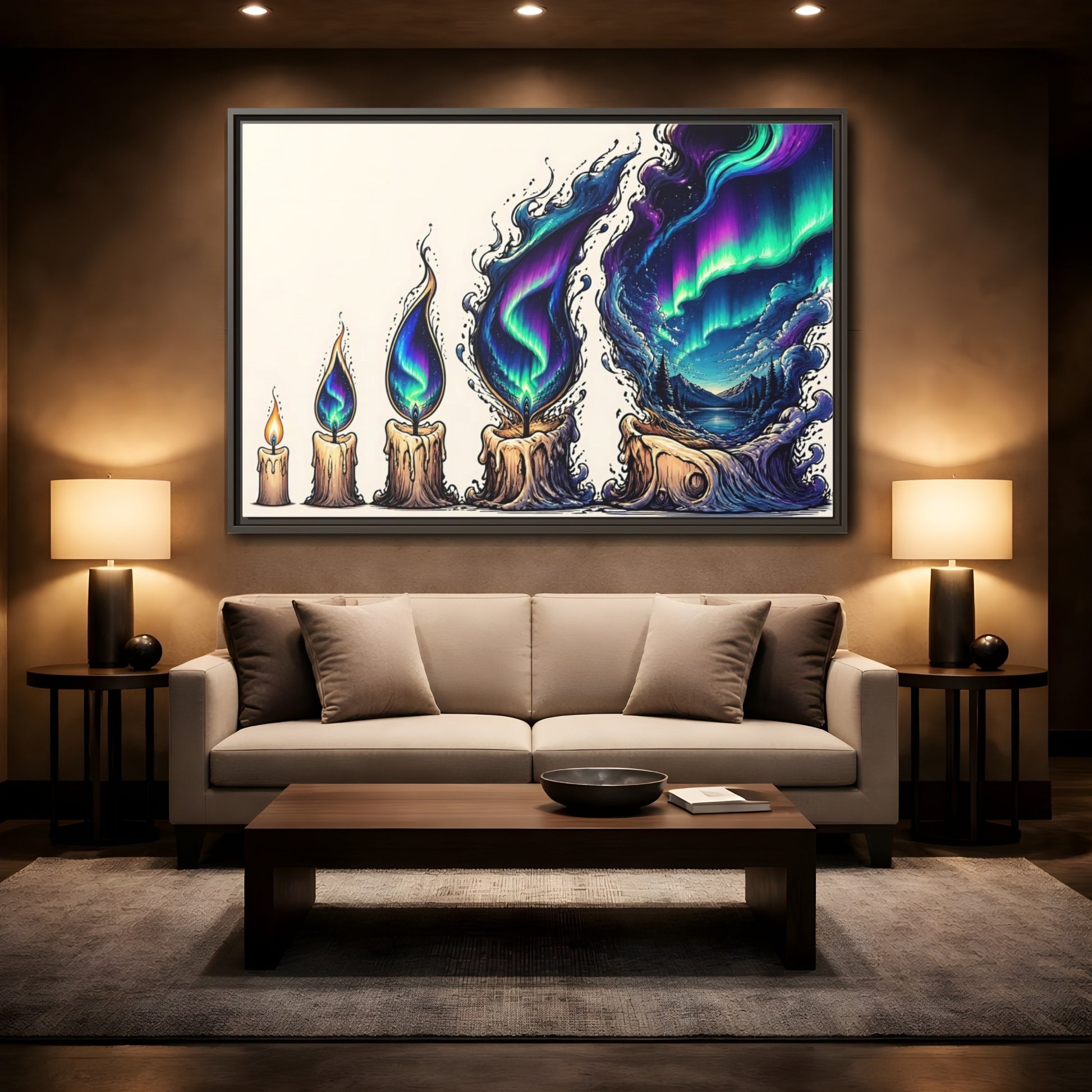 Mockup 2. Northern Lights Candles shown as framed canvas print