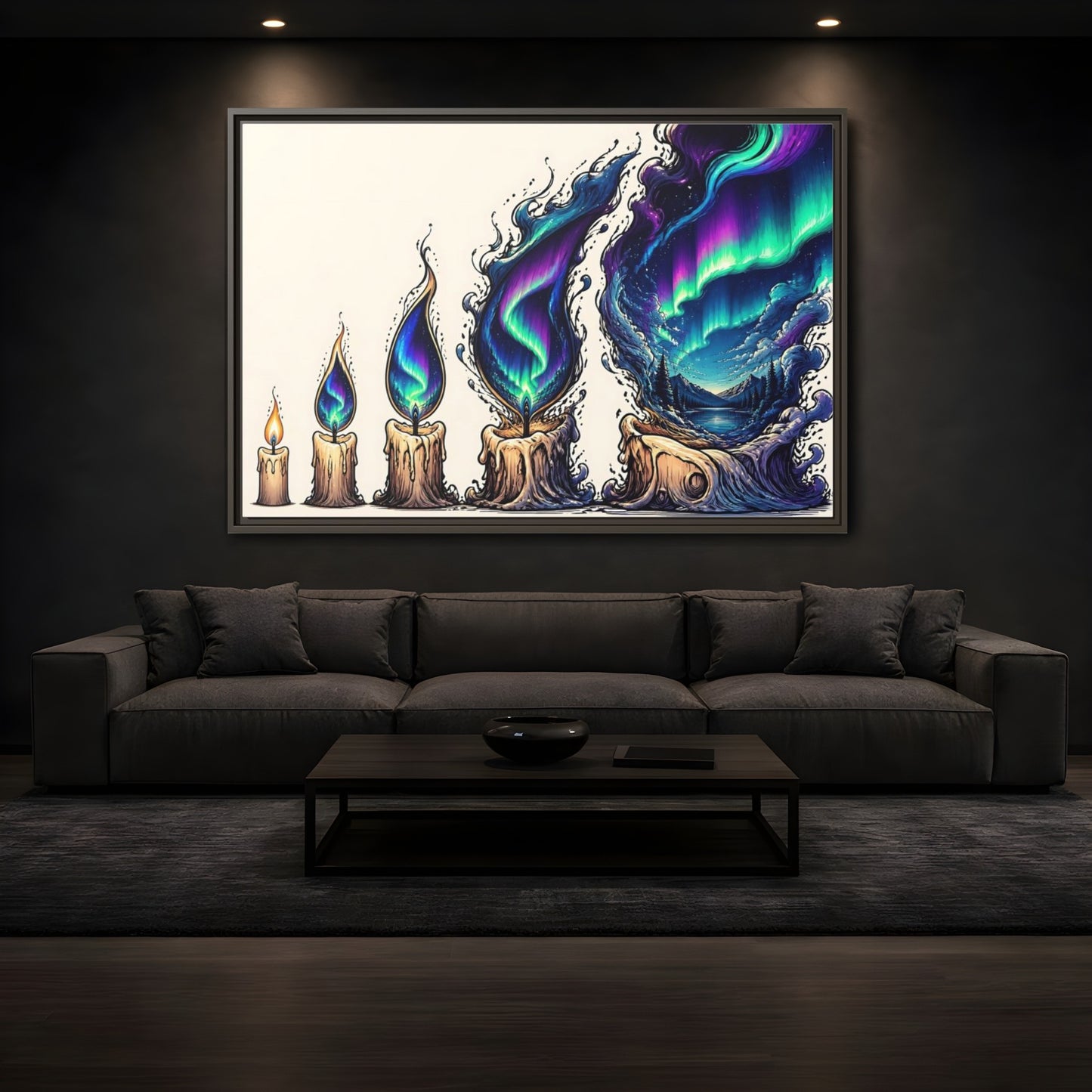 Mockup 3. Northern Lights Candles shown as framed canvas print