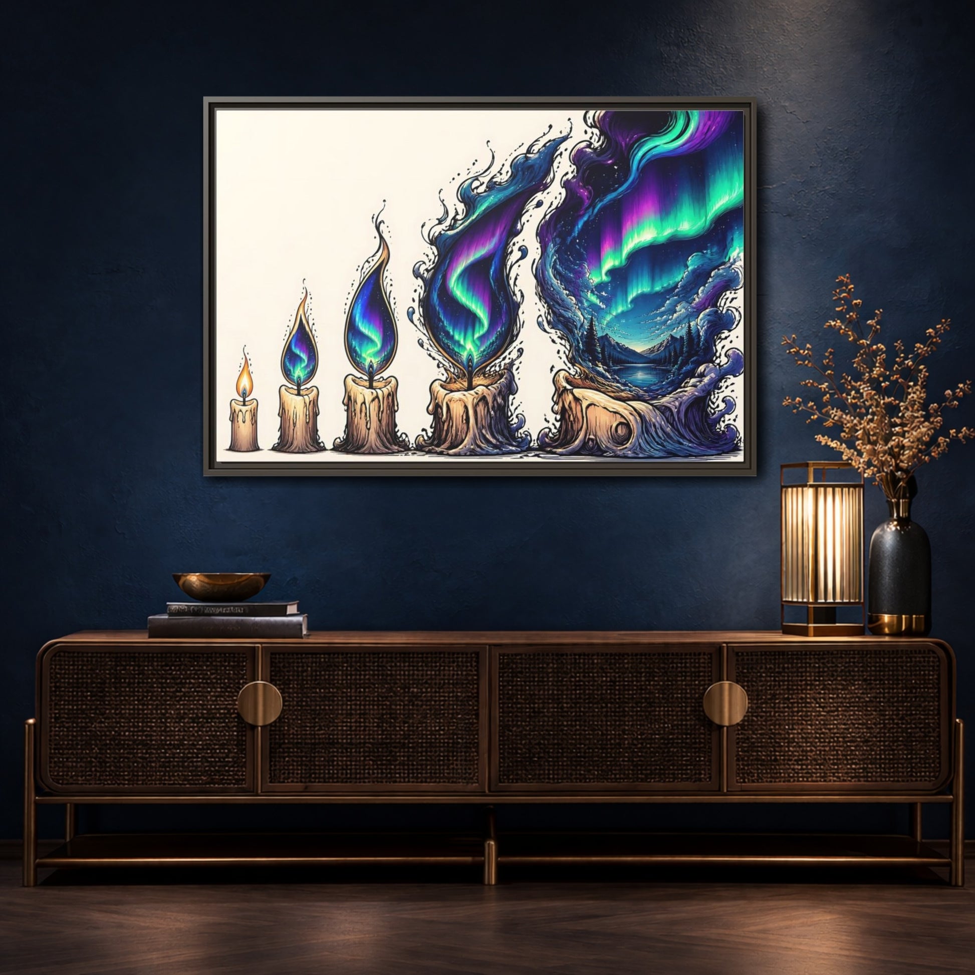 Mockup 4. Northern Lights Candles shown as framed canvas print
