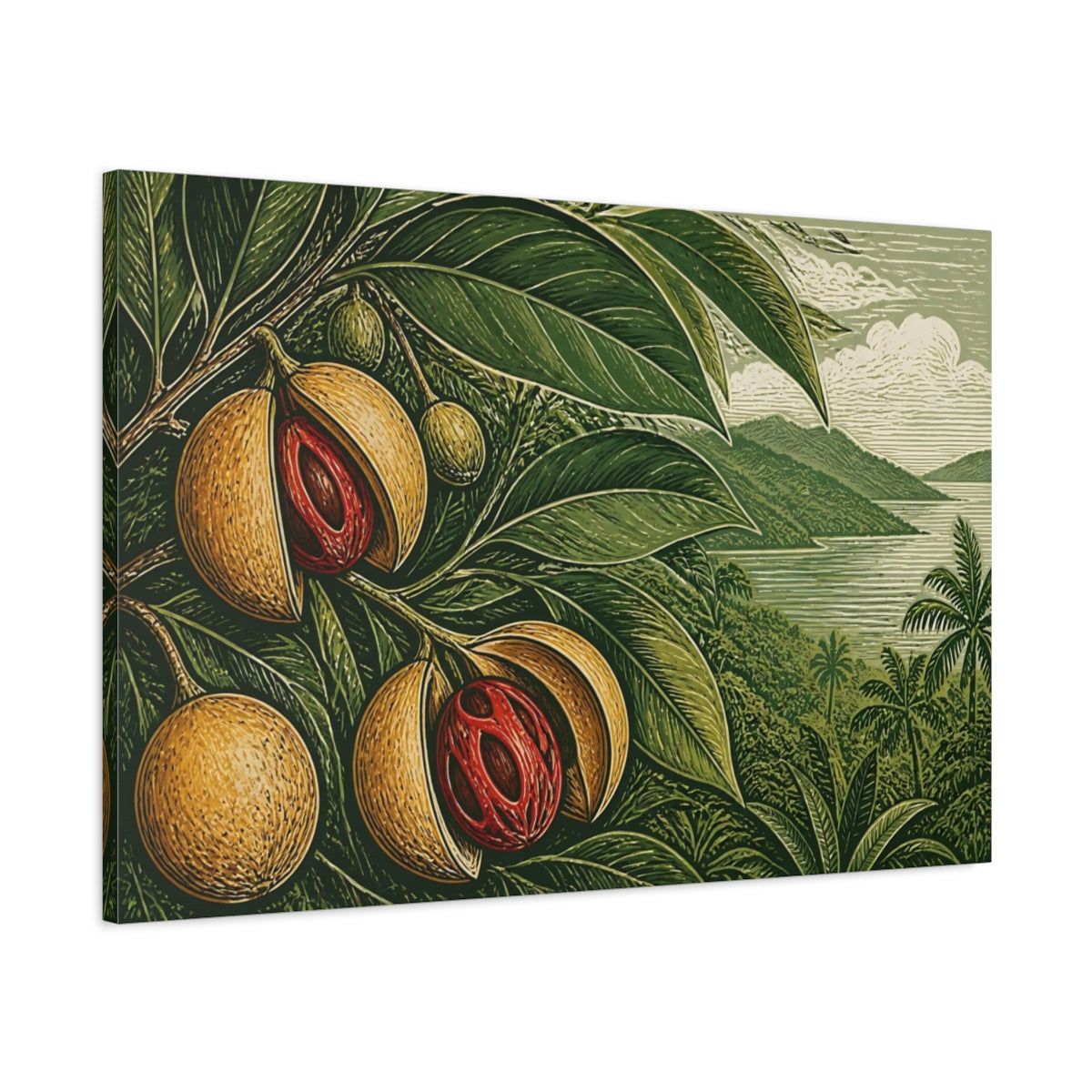Main Mockup. Nutmeg Botanical Landscape shown as canvas print