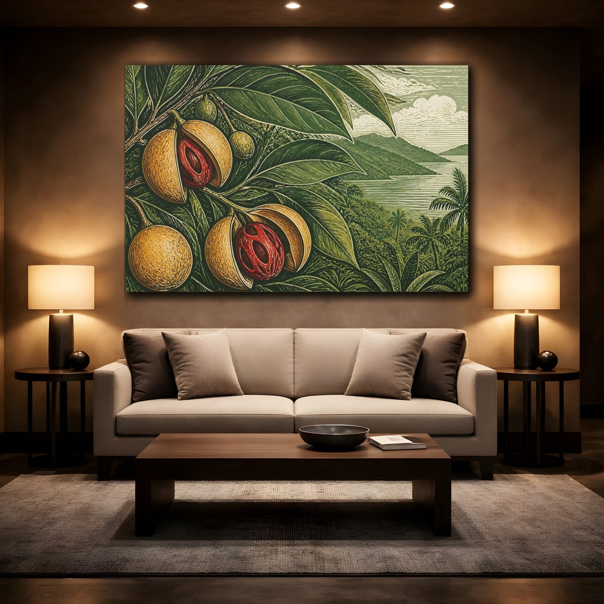 Mockup 2. Nutmeg Botanical Landscape shown as canvas print