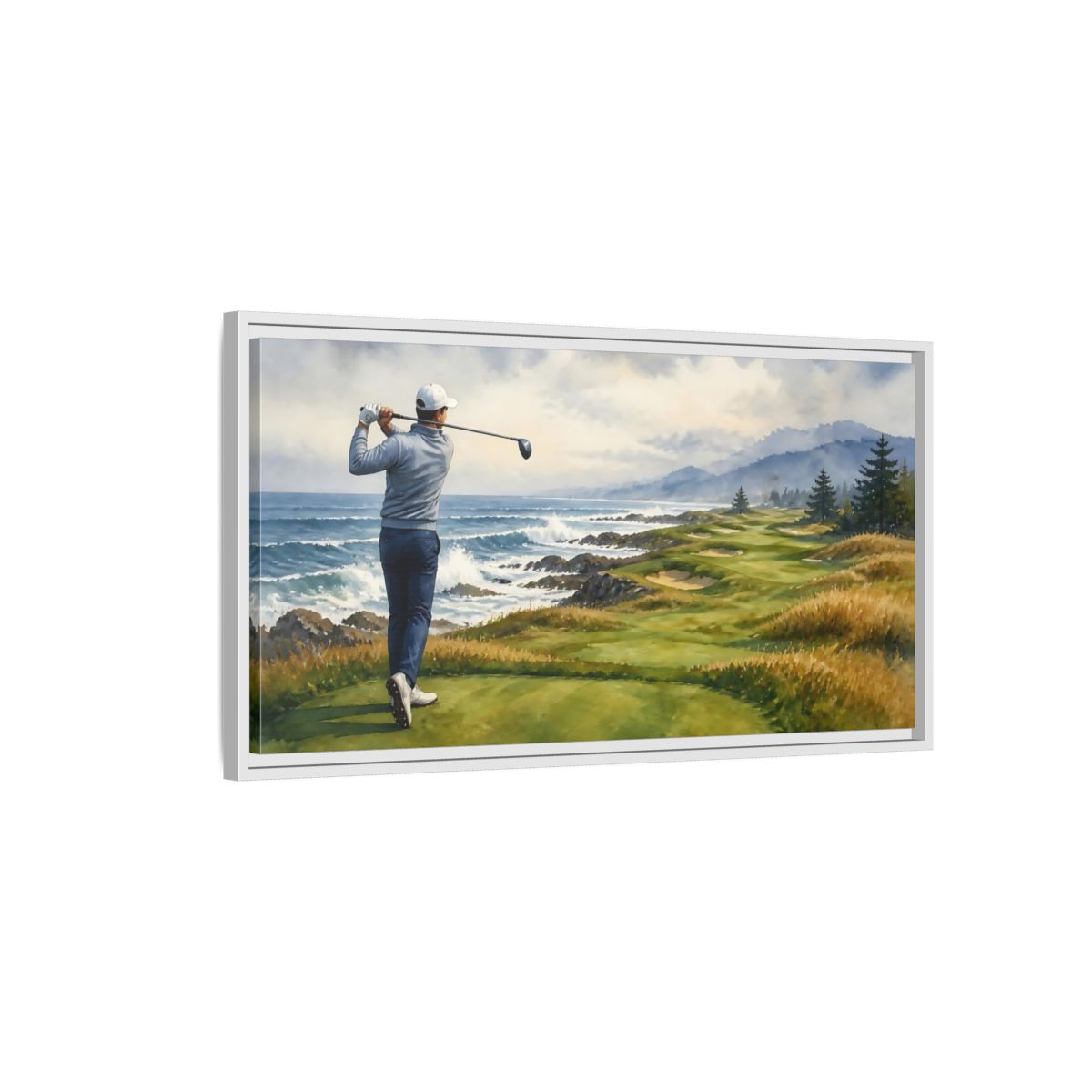 Side Mockup 1. Oceanfront Tee Shot shown as framed canvas print