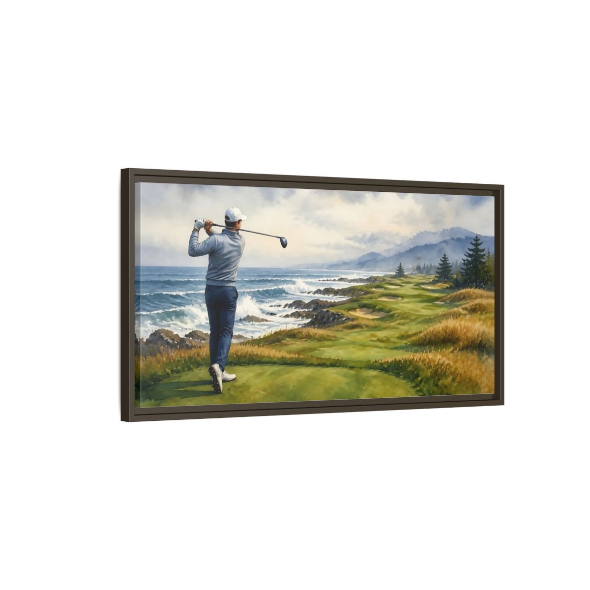 Main Mockup. Oceanfront Tee Shot shown as framed canvas print