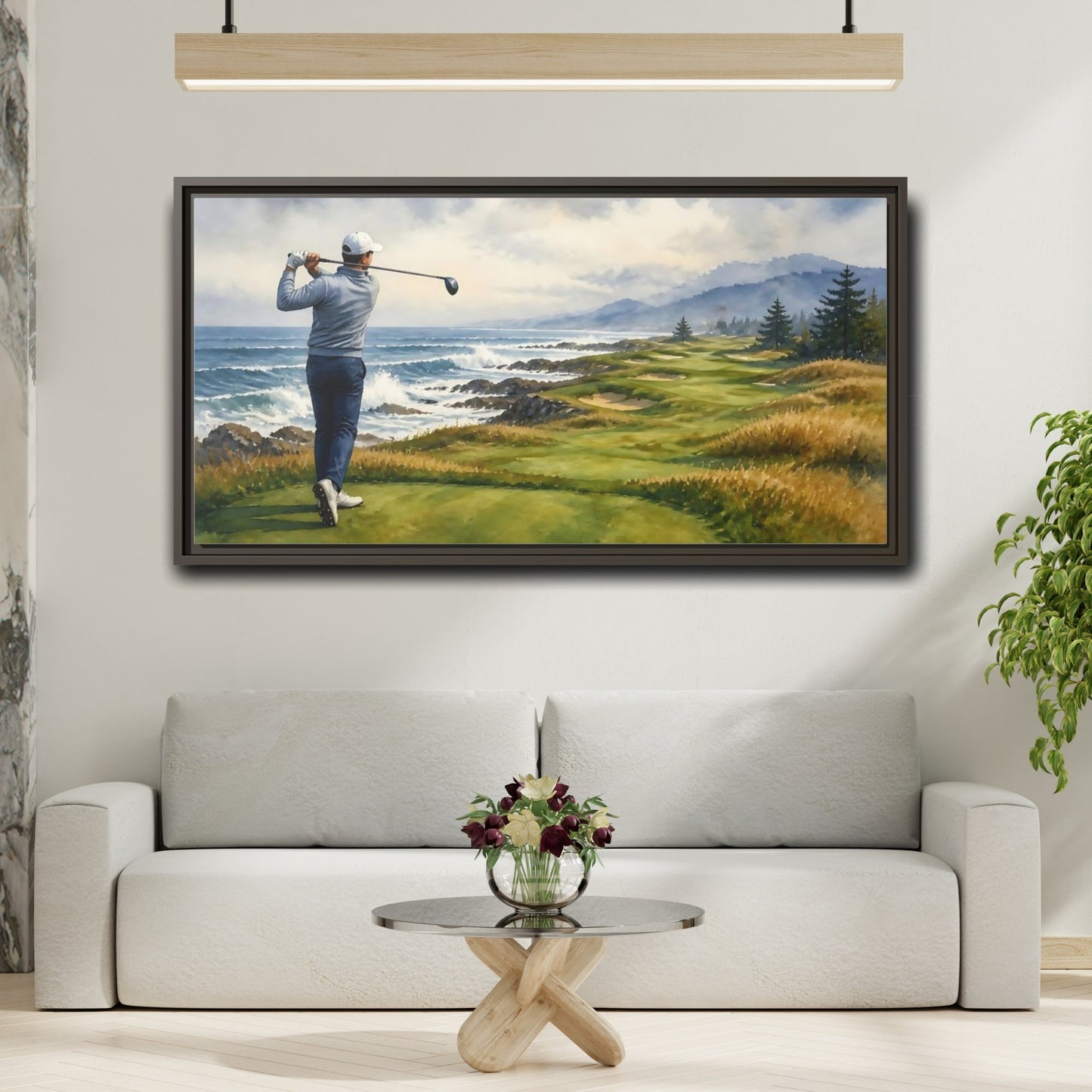 Mockup 2. Oceanfront Tee Shot shown as framed canvas print