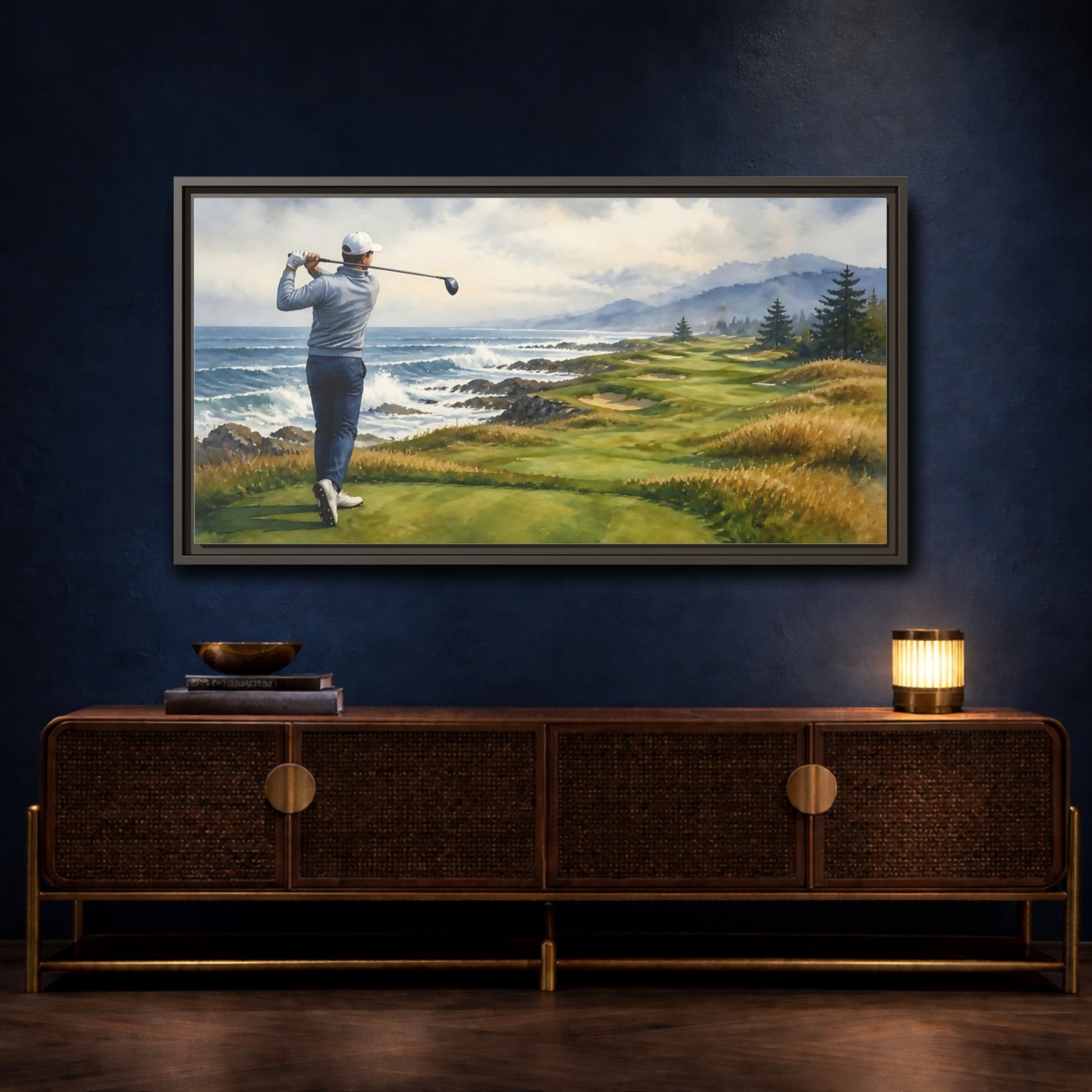 Mockup 4. Oceanfront Tee Shot shown as framed canvas print