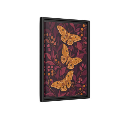 Side Mockup 6. Ochre Moth Trio shown as framed canvas print