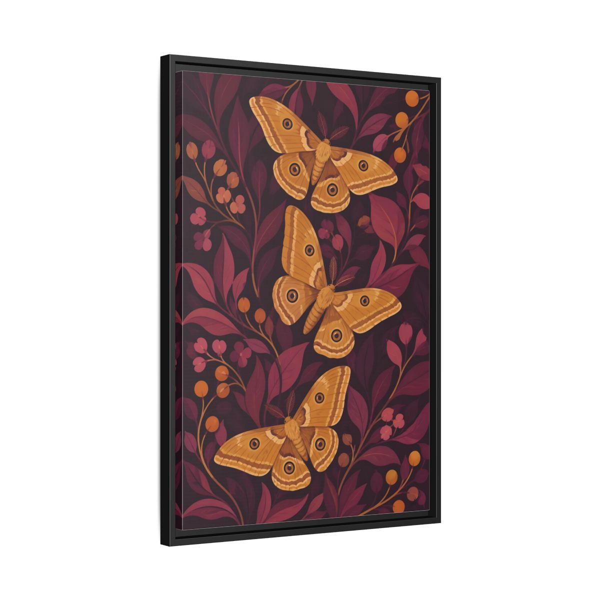 Side Mockup 14. Ochre Moth Trio shown as framed canvas print