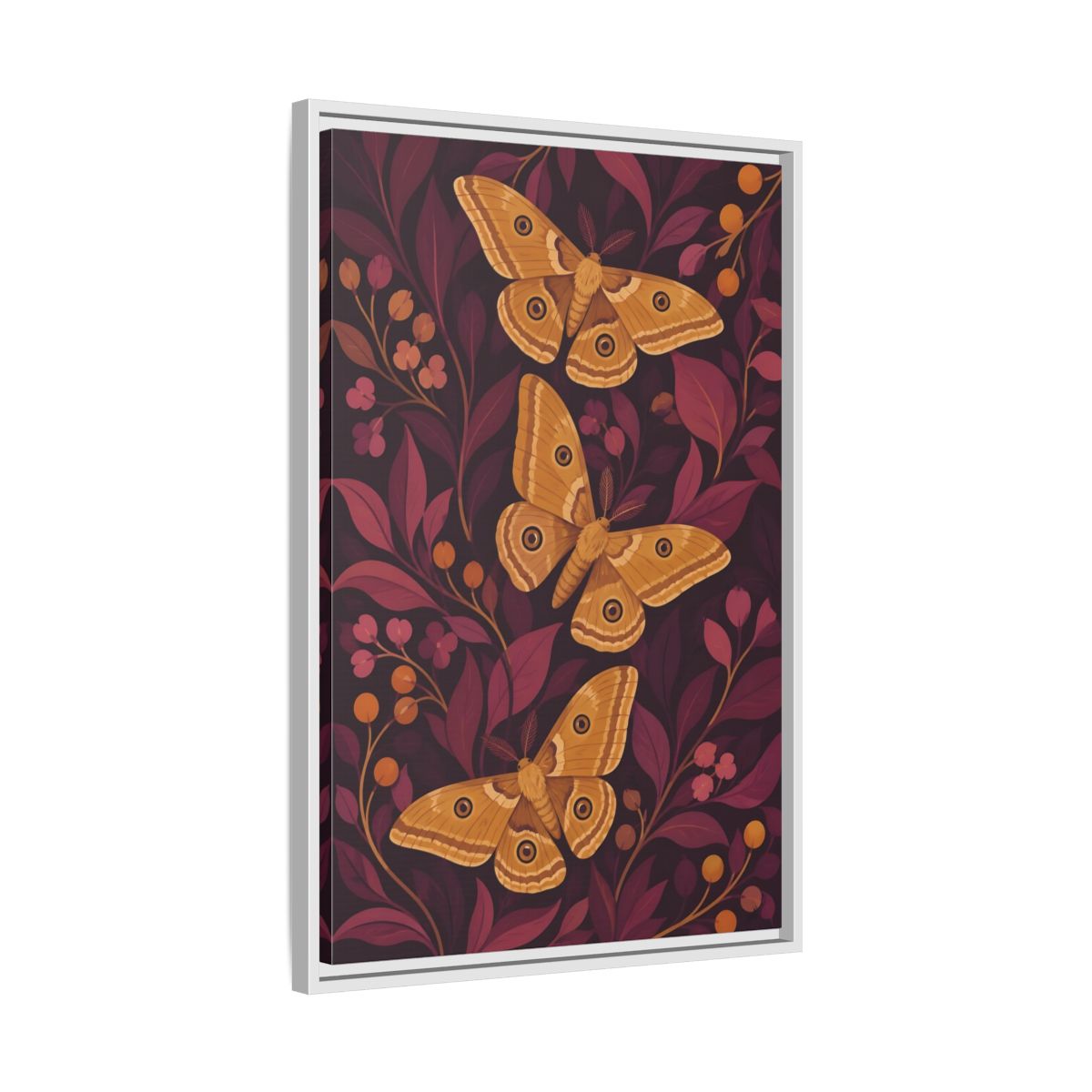 Side Mockup 10. Ochre Moth Trio shown as framed canvas print