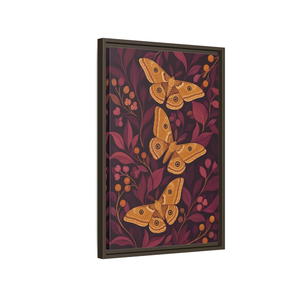 Side Mockup 2. Ochre Moth Trio shown as framed canvas print