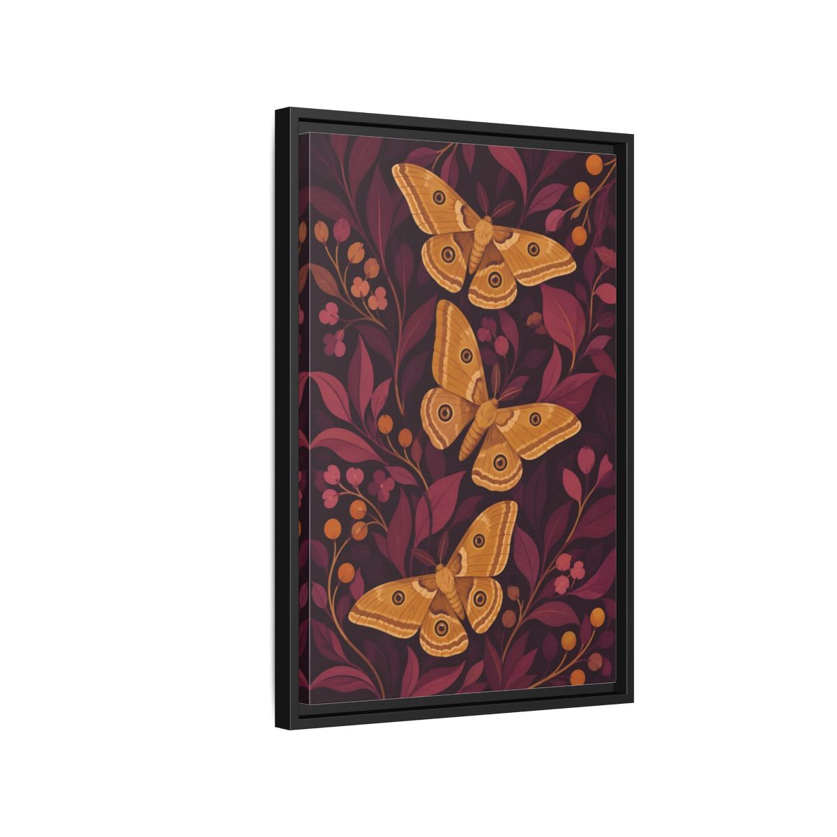 Side Mockup 3. Ochre Moth Trio shown as framed canvas print