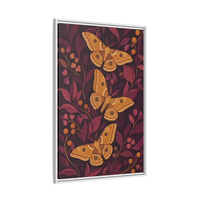 Side Mockup 9. Ochre Moth Trio shown as framed canvas print