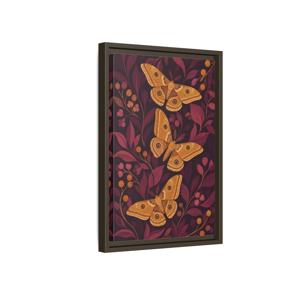 Side Mockup 5. Ochre Moth Trio shown as framed canvas print