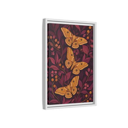 Side Mockup 4. Ochre Moth Trio shown as framed canvas print