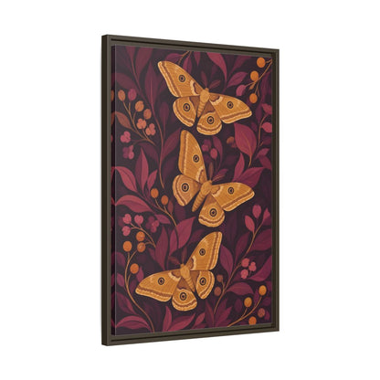 Side Mockup 11. Ochre Moth Trio shown as framed canvas print