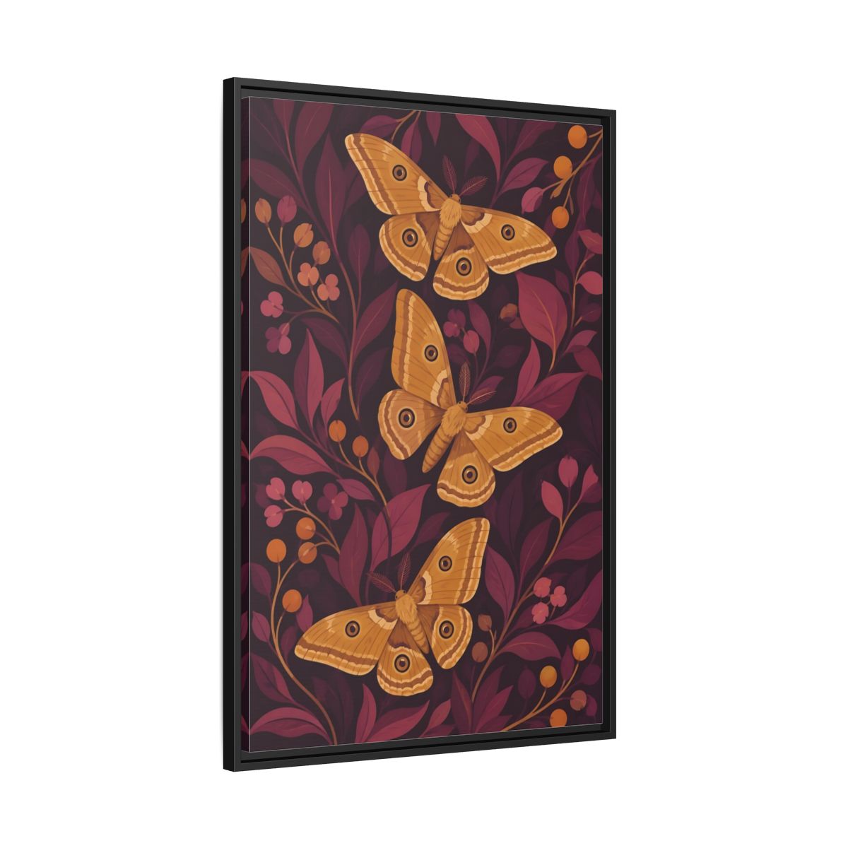 Side Mockup 13. Ochre Moth Trio shown as framed canvas print