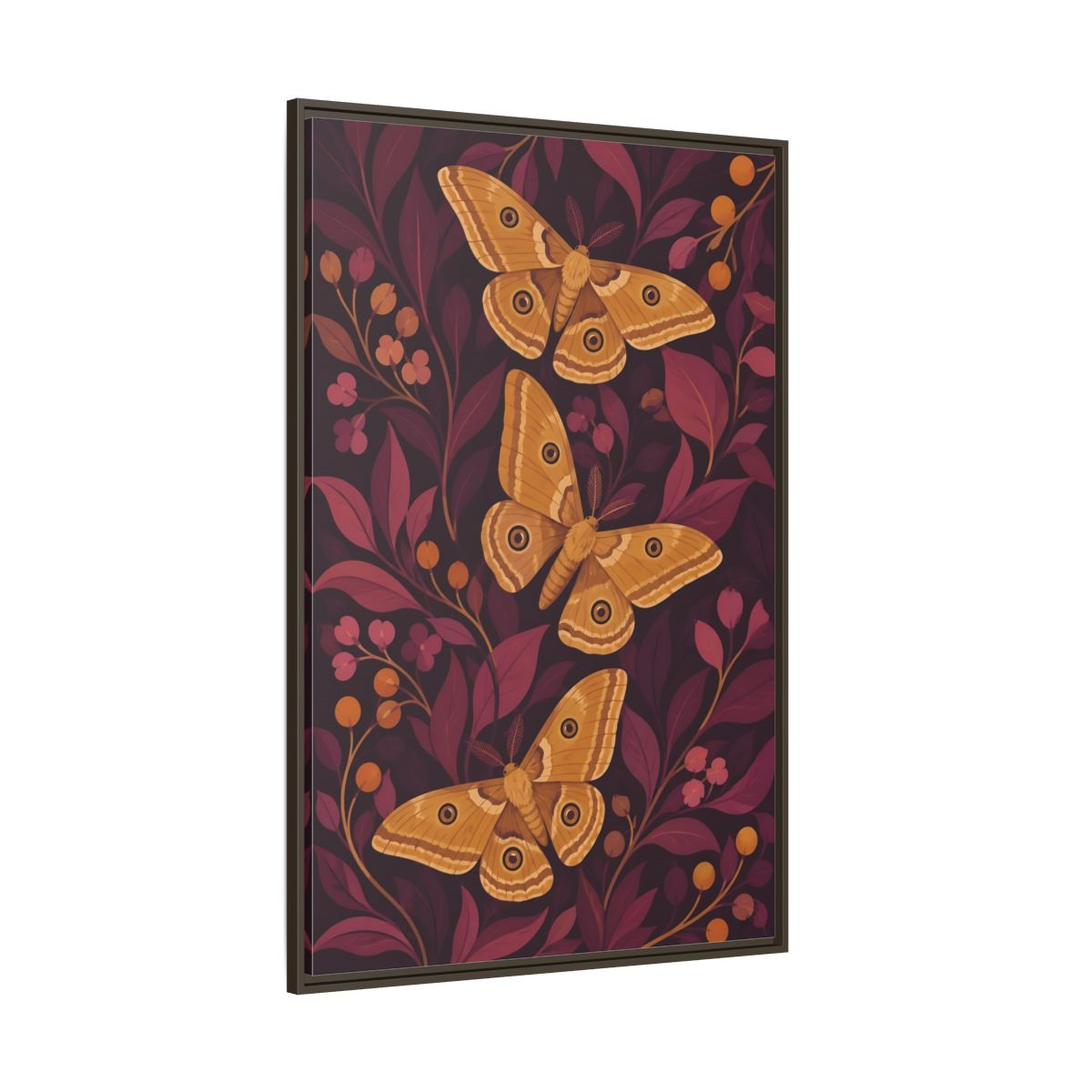 Side Mockup 8. Ochre Moth Trio shown as framed canvas print