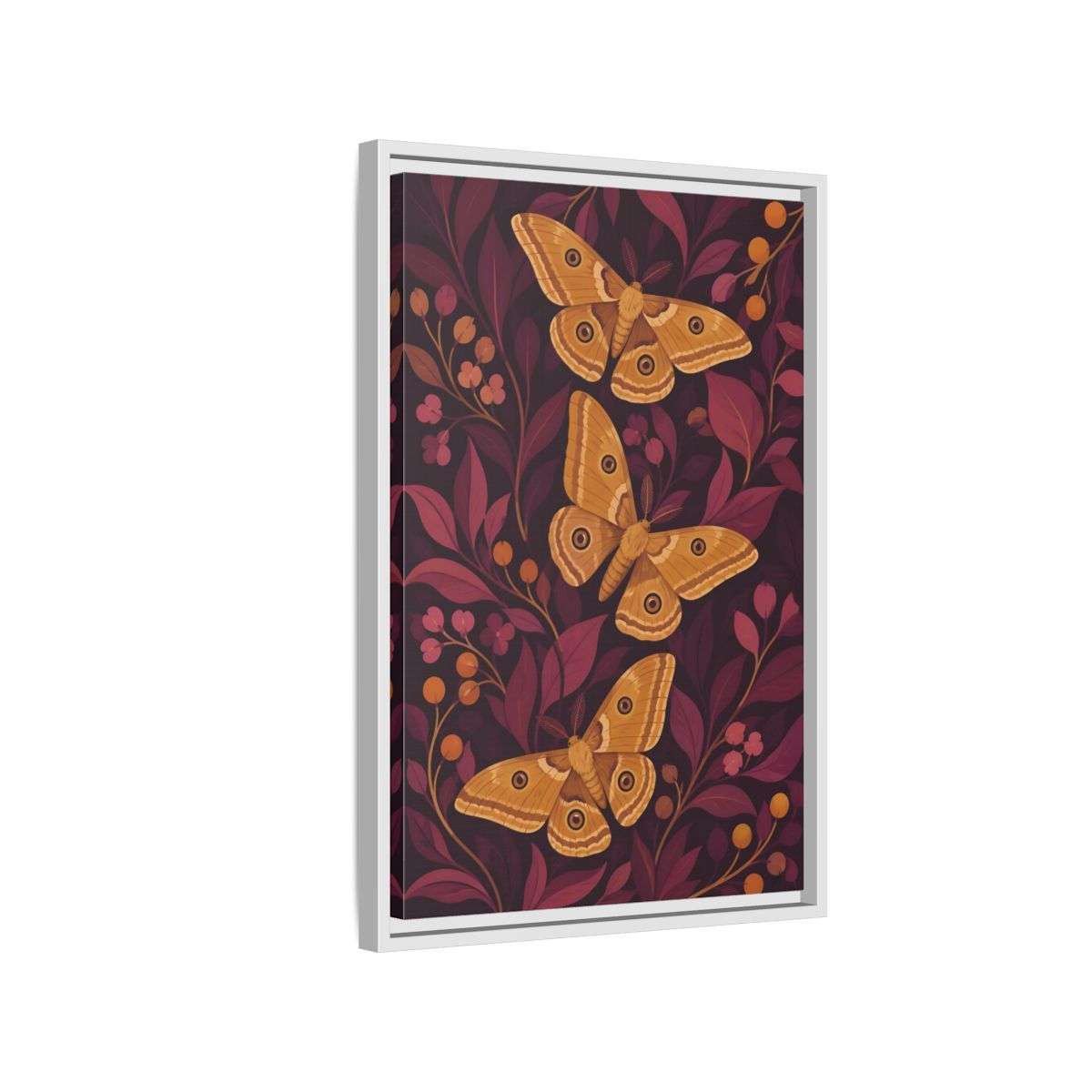 Side Mockup 1. Ochre Moth Trio shown as framed canvas print