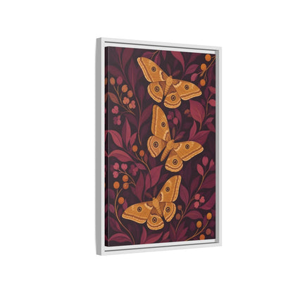 Side Mockup 1. Ochre Moth Trio shown as framed canvas print
