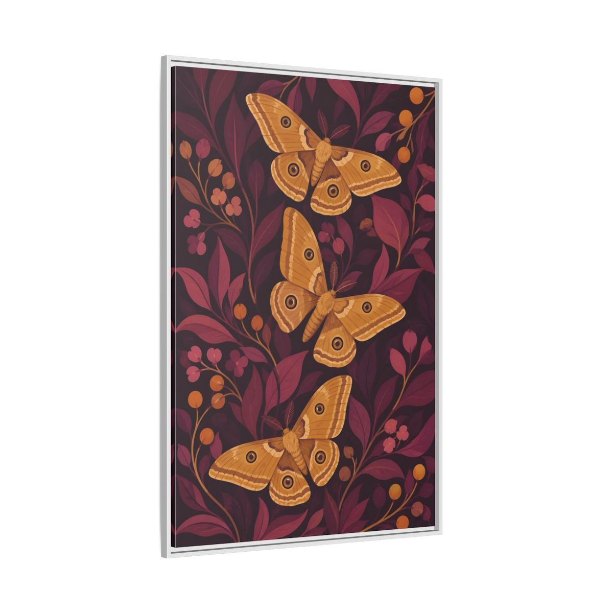 Side Mockup 7. Ochre Moth Trio shown as framed canvas print