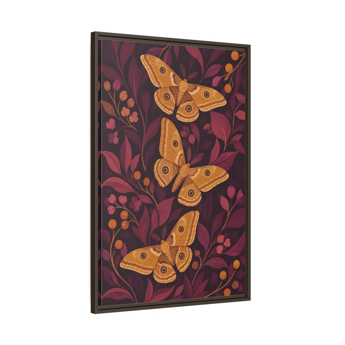 Main Mockup. Ochre Moth Trio shown as framed canvas print