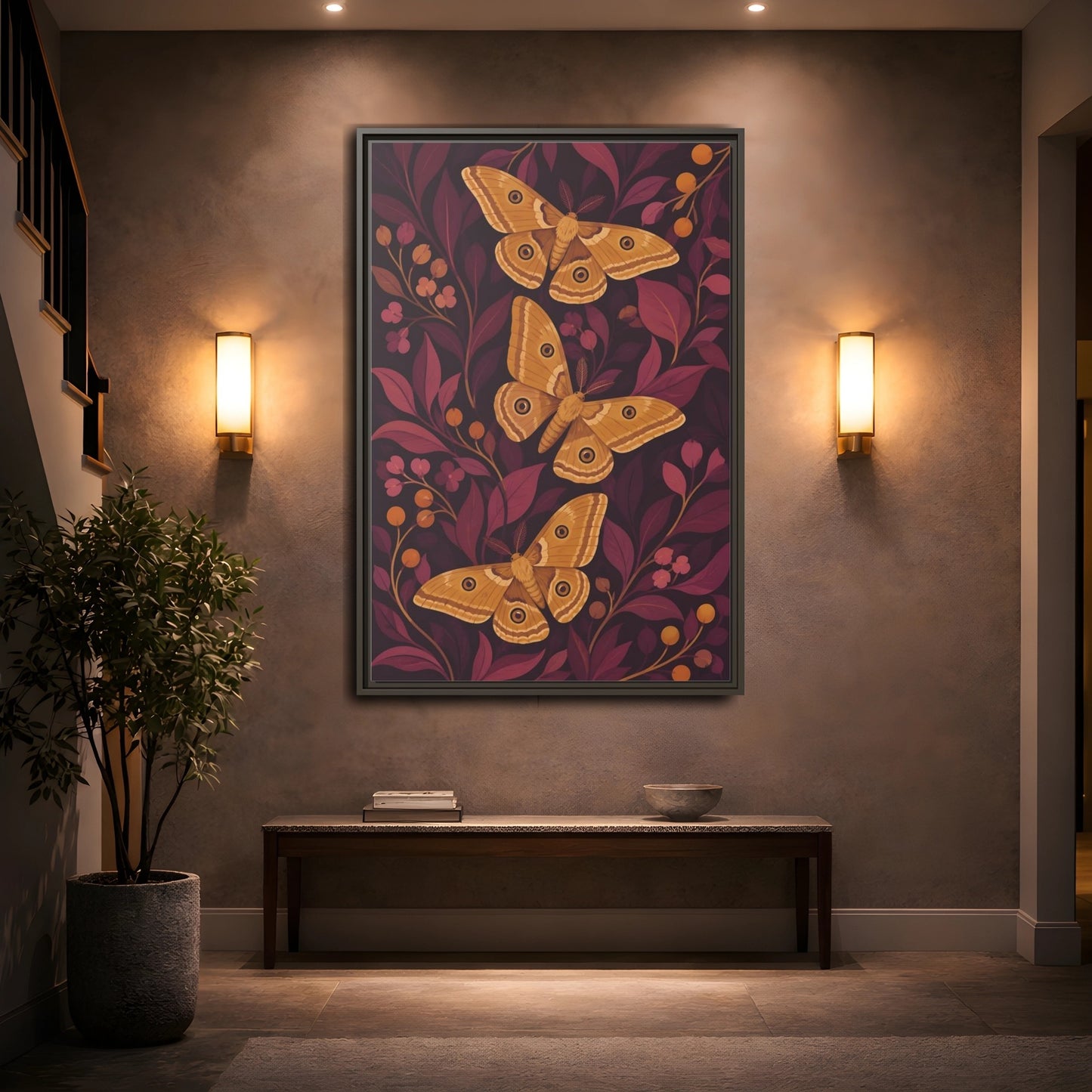 Mockup 2. Ochre Moth Trio shown as framed canvas print