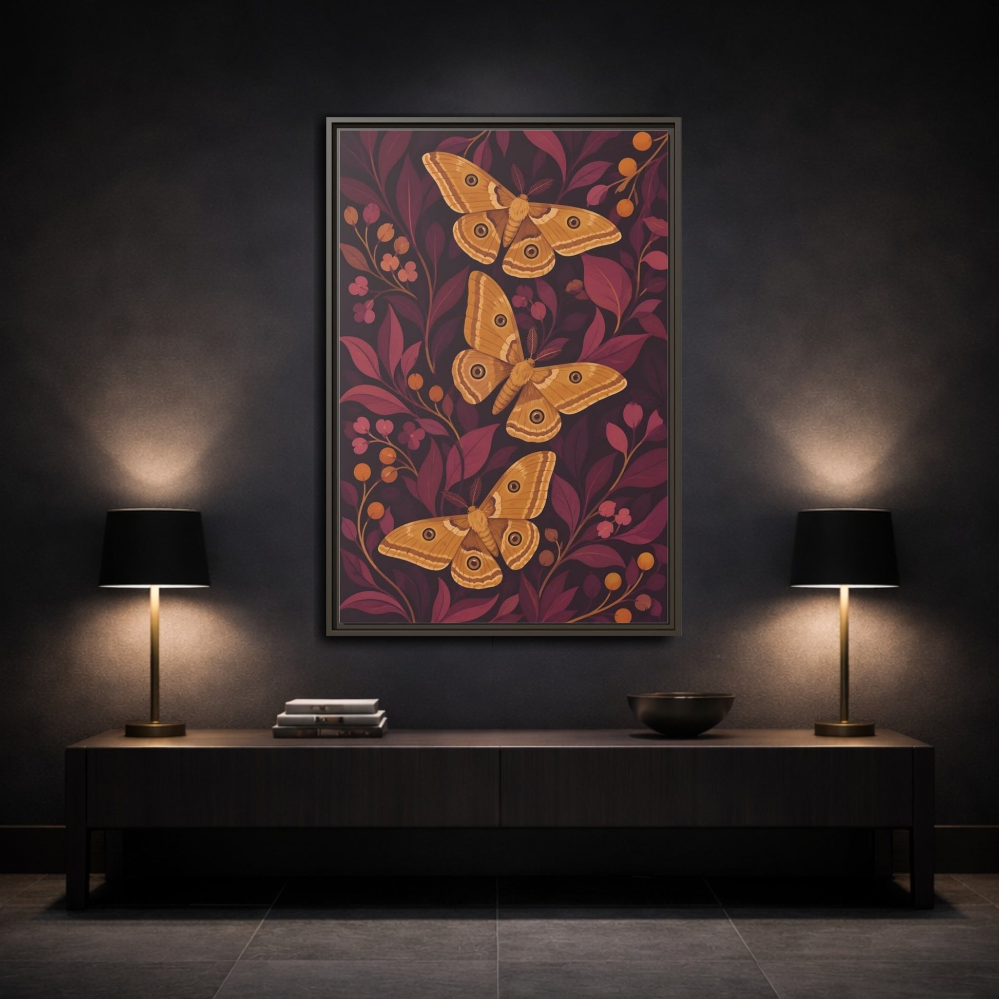 Mockup 3. Ochre Moth Trio shown as framed canvas print