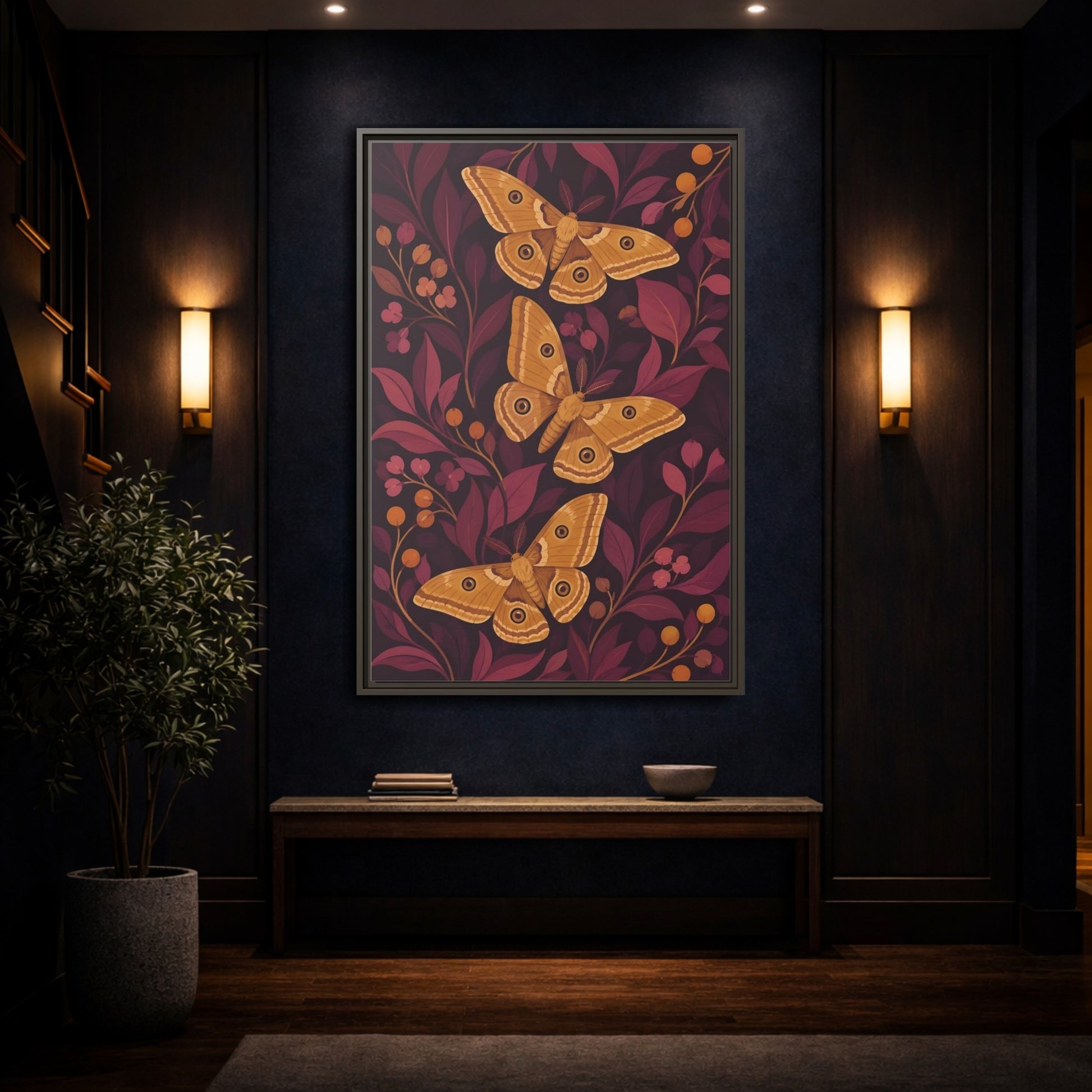 Mockup 4. Ochre Moth Trio shown as framed canvas print