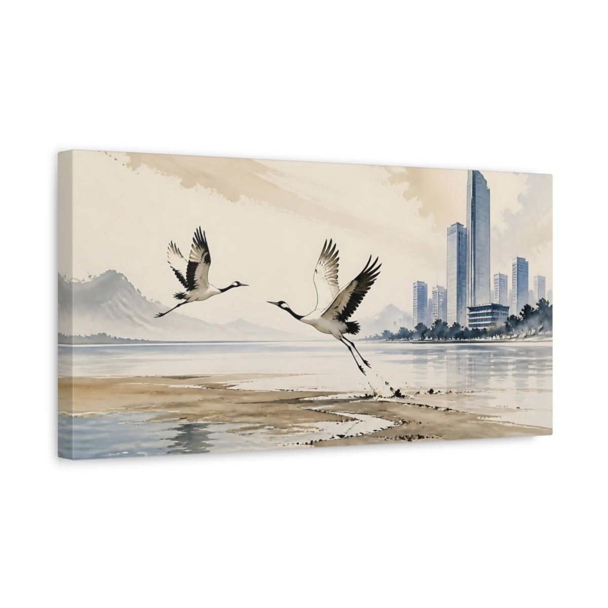 Side Mockup 3. Office Crane Flight shown as canvas print