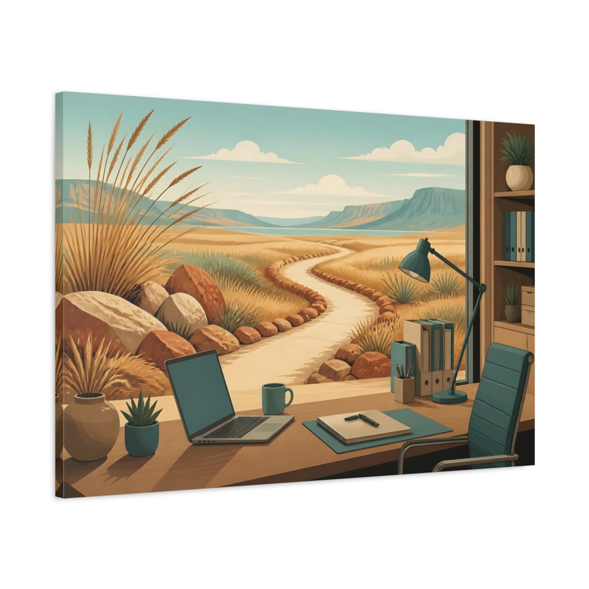 Main Mockup. Office Desk Desert View shown as canvas print