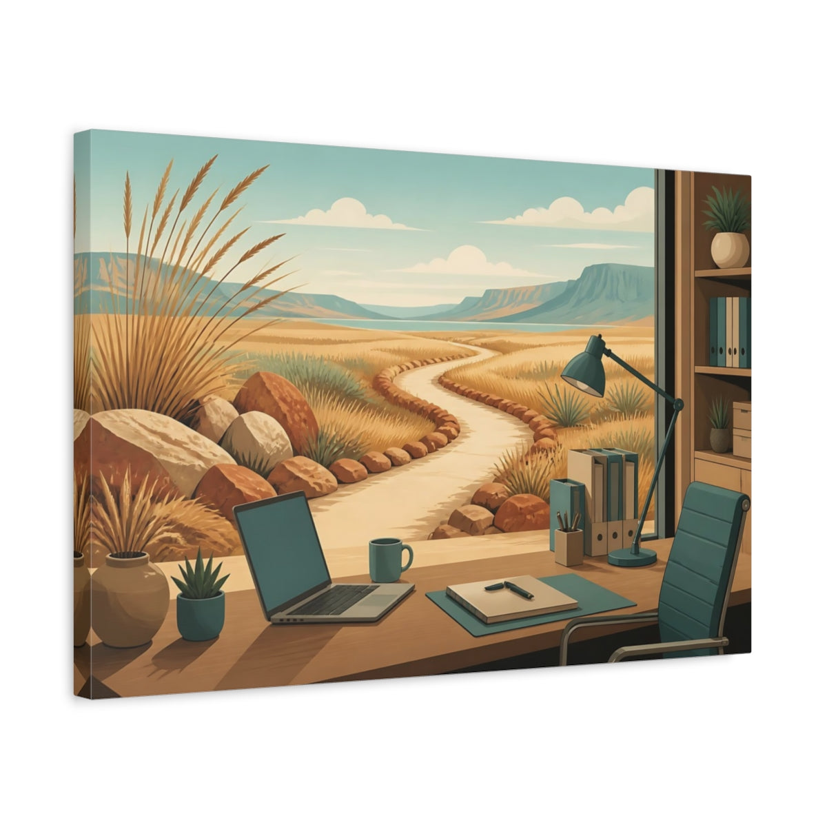 Side Mockup 3. Office Desk Desert View shown as canvas print